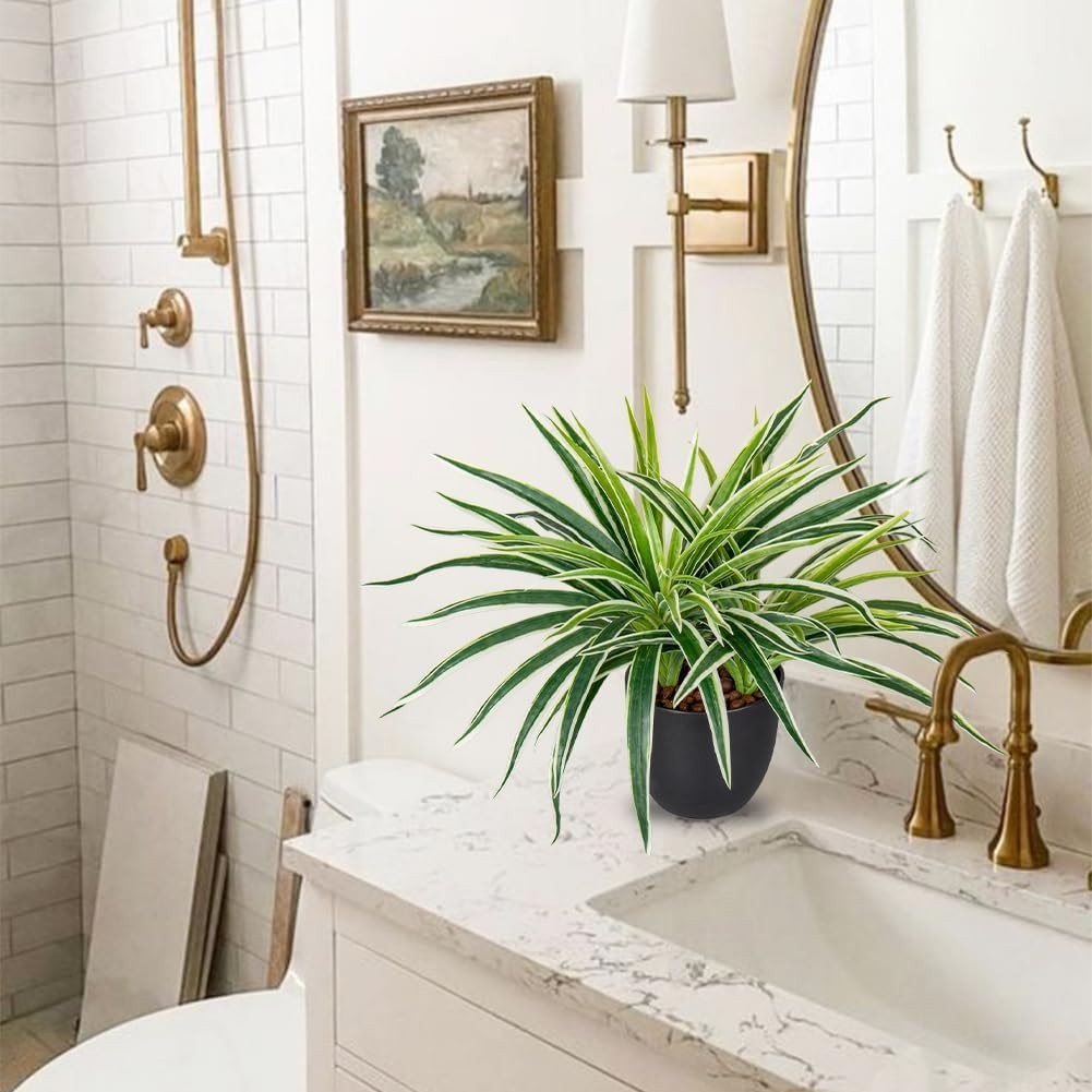 Fake Grass Planta in Pot Artificial Spider Plants Faux Chlorophytum Comosum Potted Plants for Hogar Office Table Shelf Kitchen Bathroom Bedroom Decoración