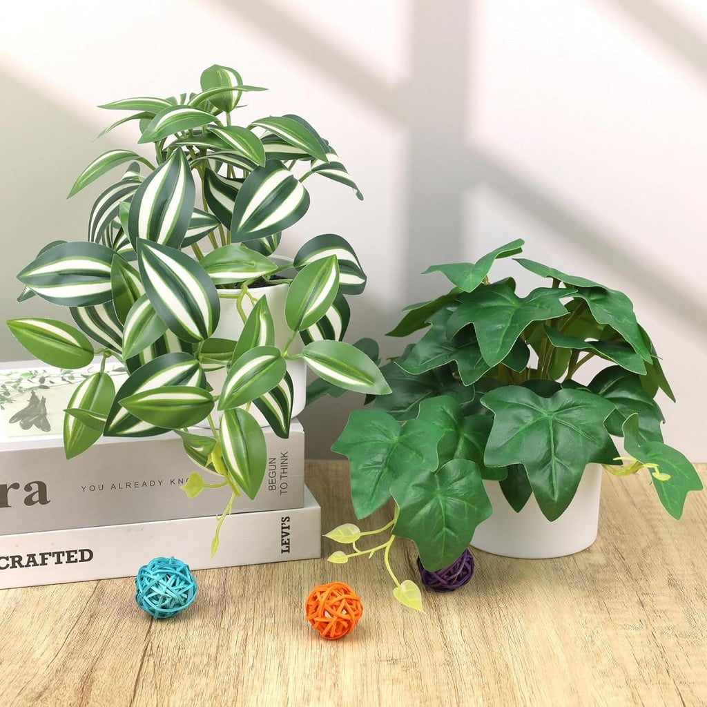 Mini Artificial Planta Potted Indoor Decoración in White Pot Fake Plants Realistic Faux Colgante Planta Greenery Props Modern for Living Room Thanksgiving Hogar Ornament