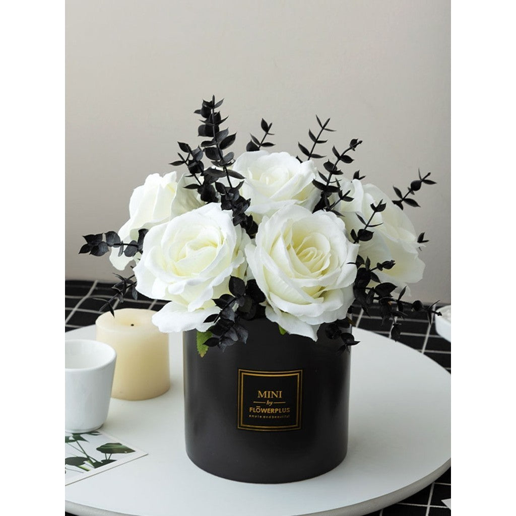Artificial White Flowers with Black Vases, Roses in Vases Plastic Artificial Flowers and Plants,Used for Hogar Office Wedding Decoración, Table Decoración