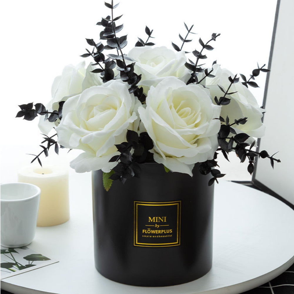 Artificial White Flowers with Black Vases, Roses in Vases Plastic Artificial Flowers and Plants,Used for Hogar Office Wedding Decoración, Table Decoración