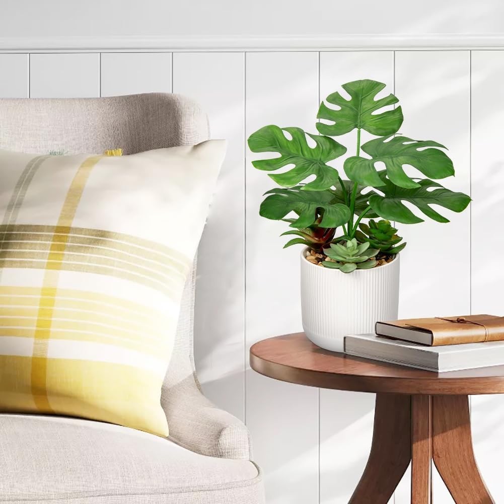 13.8 Inch Fake Monstera Potted Planta, Artificial Succulent Plants in Ceramic Pot Faux Tropical Planta for Indoor Outdoor Hogar Office Tabletop Shelf Jardín Farmhouse Decorative