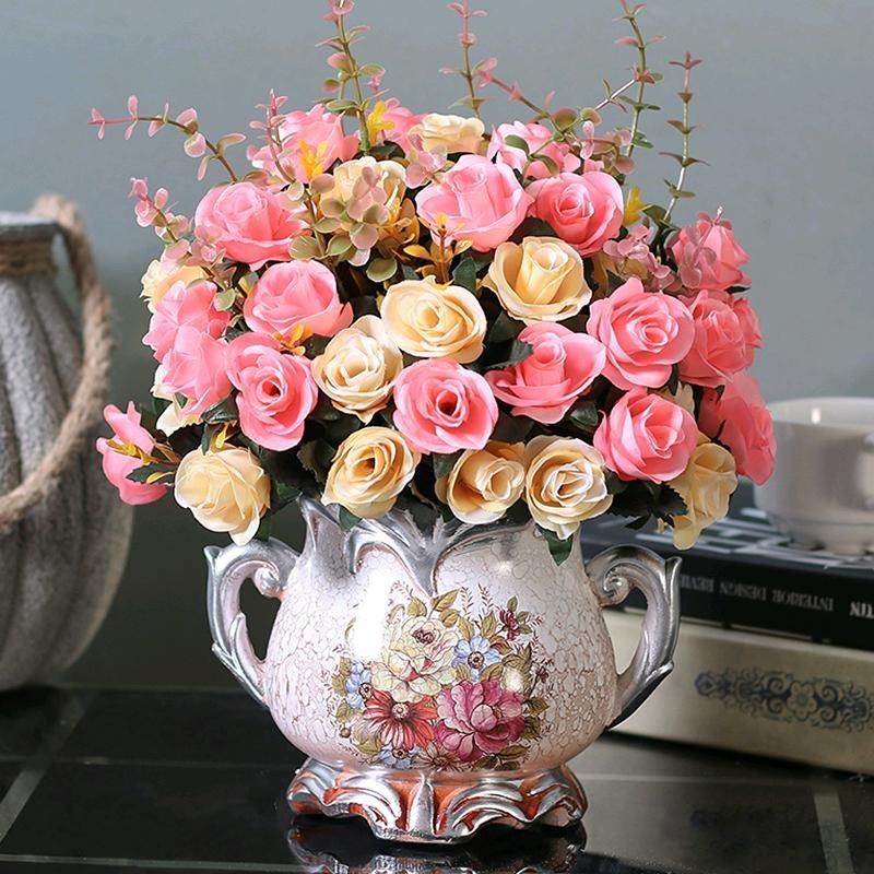 Artificial Flower in Pot European Style Fake Artificial Flower Rose Flower Set for Hotel Dining Room Living Room Wedding Decoración