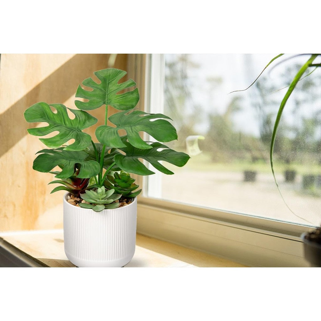 13.8 Inch Fake Monstera Potted Planta, Artificial Succulent Plants in Ceramic Pot Faux Tropical Planta for Indoor Outdoor Hogar Office Tabletop Shelf Jardín Farmhouse Decorative