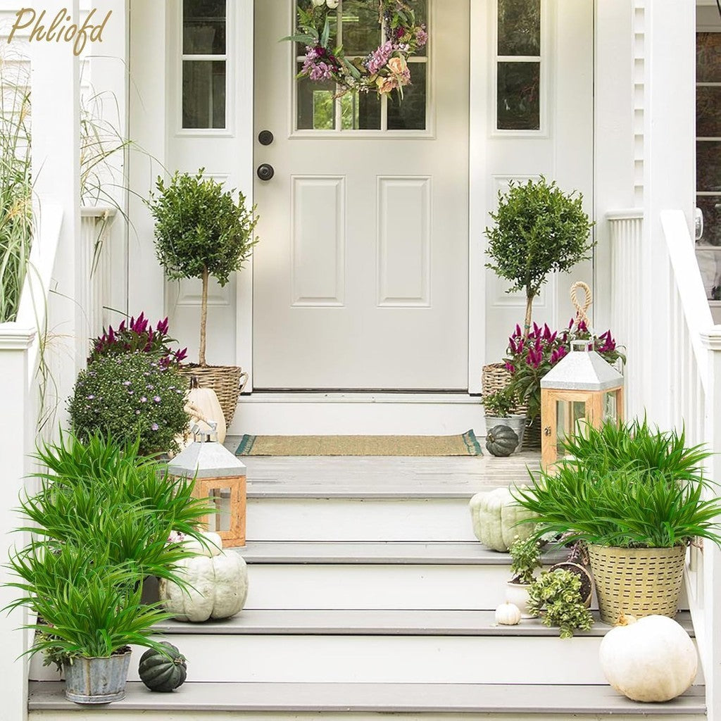 Artificial Grass Fake Plants 17.3in Outdoor Fake Grass UV Resistant Greenery Plastic Plants for Hogar Window Jardín Office Patio Colgante Planter Pathway Front Porch Décor