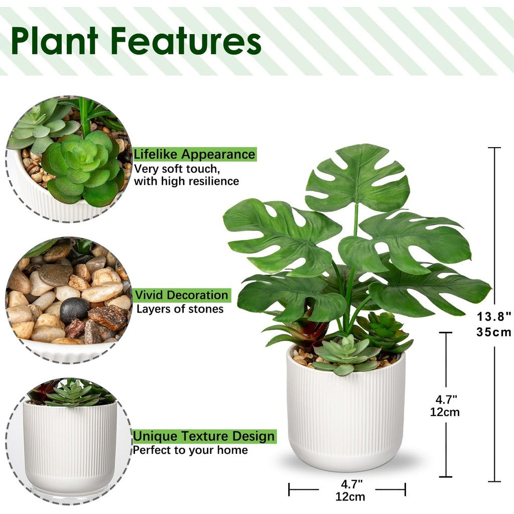 13.8 Inch Fake Monstera Potted Planta, Artificial Succulent Plants in Ceramic Pot Faux Tropical Planta for Indoor Outdoor Hogar Office Tabletop Shelf Jardín Farmhouse Decorative