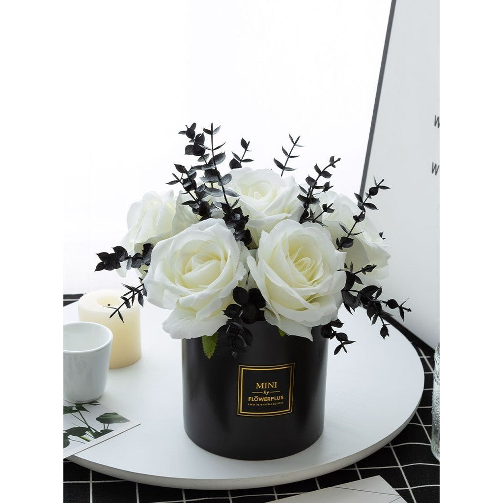 Artificial White Flowers with Black Vases, Roses in Vases Plastic Artificial Flowers and Plants,Used for Hogar Office Wedding Decoración, Table Decoración
