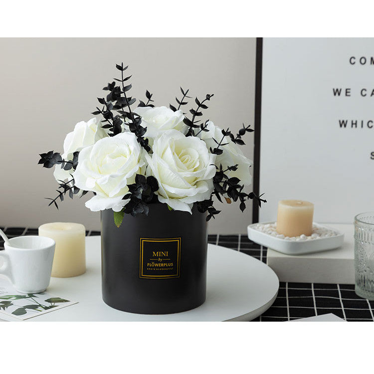 Artificial White Flowers with Black Vases, Roses in Vases Plastic Artificial Flowers and Plants,Used for Hogar Office Wedding Decoración, Table Decoración