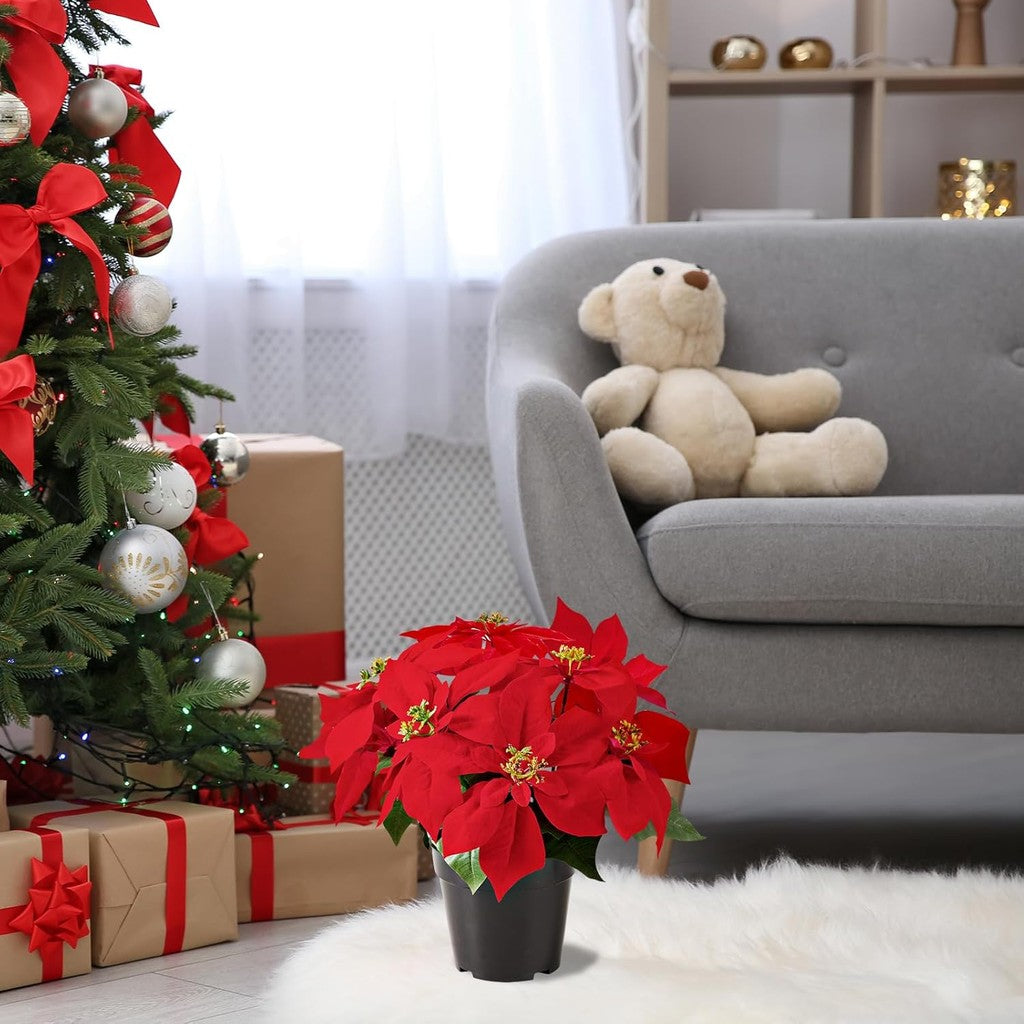 Poinsettia Planta Artificial 13.4 Inch Red Velvet Poinsettias Artificial Christmas Flowers in Pot for Indoor Outdoor Xmas Ornament Porch Hogar Jardín Decorations
