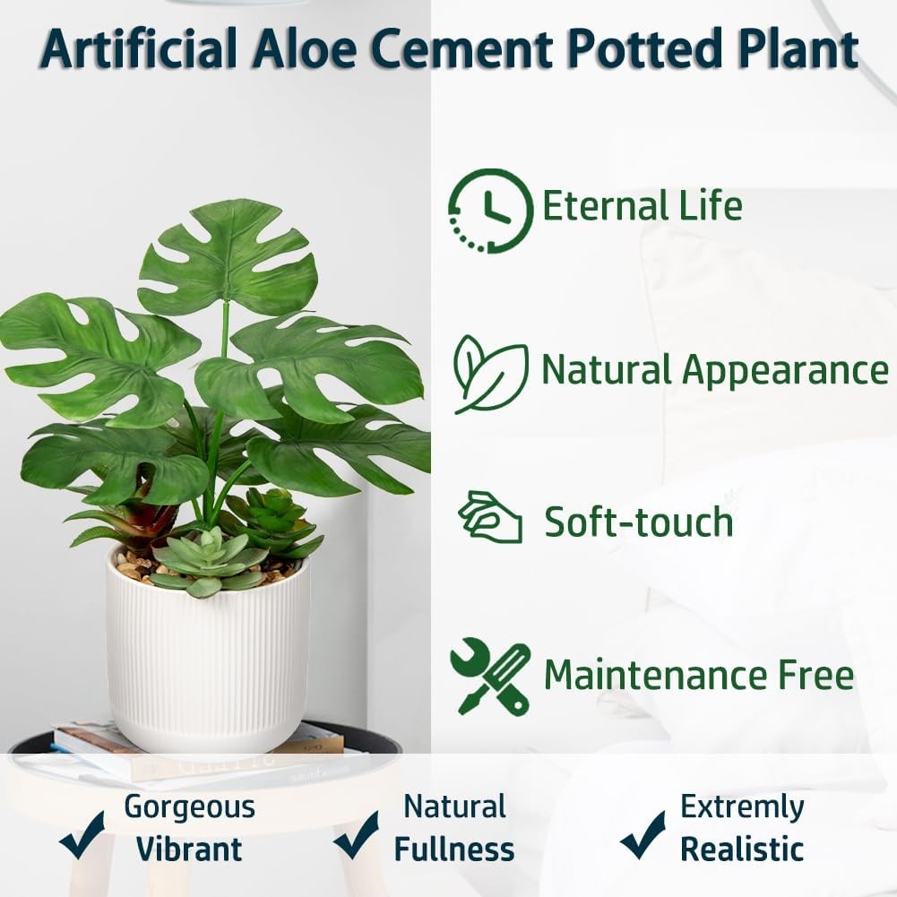 13.8 Inch Fake Monstera Potted Planta, Artificial Succulent Plants in Ceramic Pot Faux Tropical Planta for Indoor Outdoor Hogar Office Tabletop Shelf Jardín Farmhouse Decorative