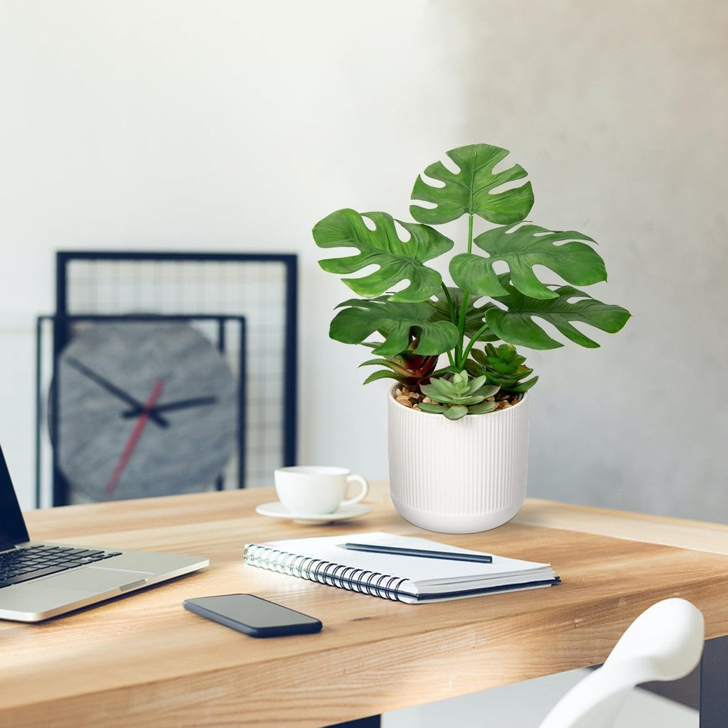 13.8 Inch Fake Monstera Potted Planta, Artificial Succulent Plants in Ceramic Pot Faux Tropical Planta for Indoor Outdoor Hogar Office Tabletop Shelf Jardín Farmhouse Decorative