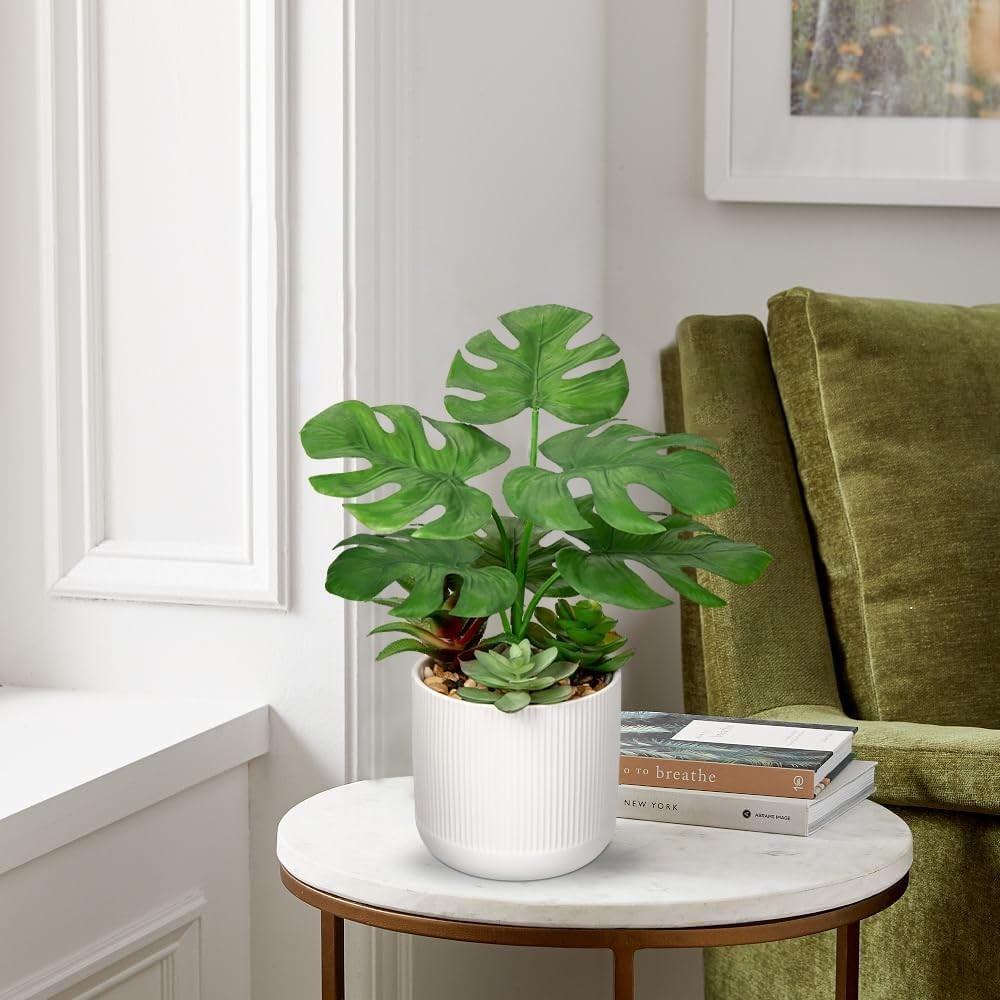 13.8 Inch Fake Monstera Potted Planta, Artificial Succulent Plants in Ceramic Pot Faux Tropical Planta for Indoor Outdoor Hogar Office Tabletop Shelf Jardín Farmhouse Decorative