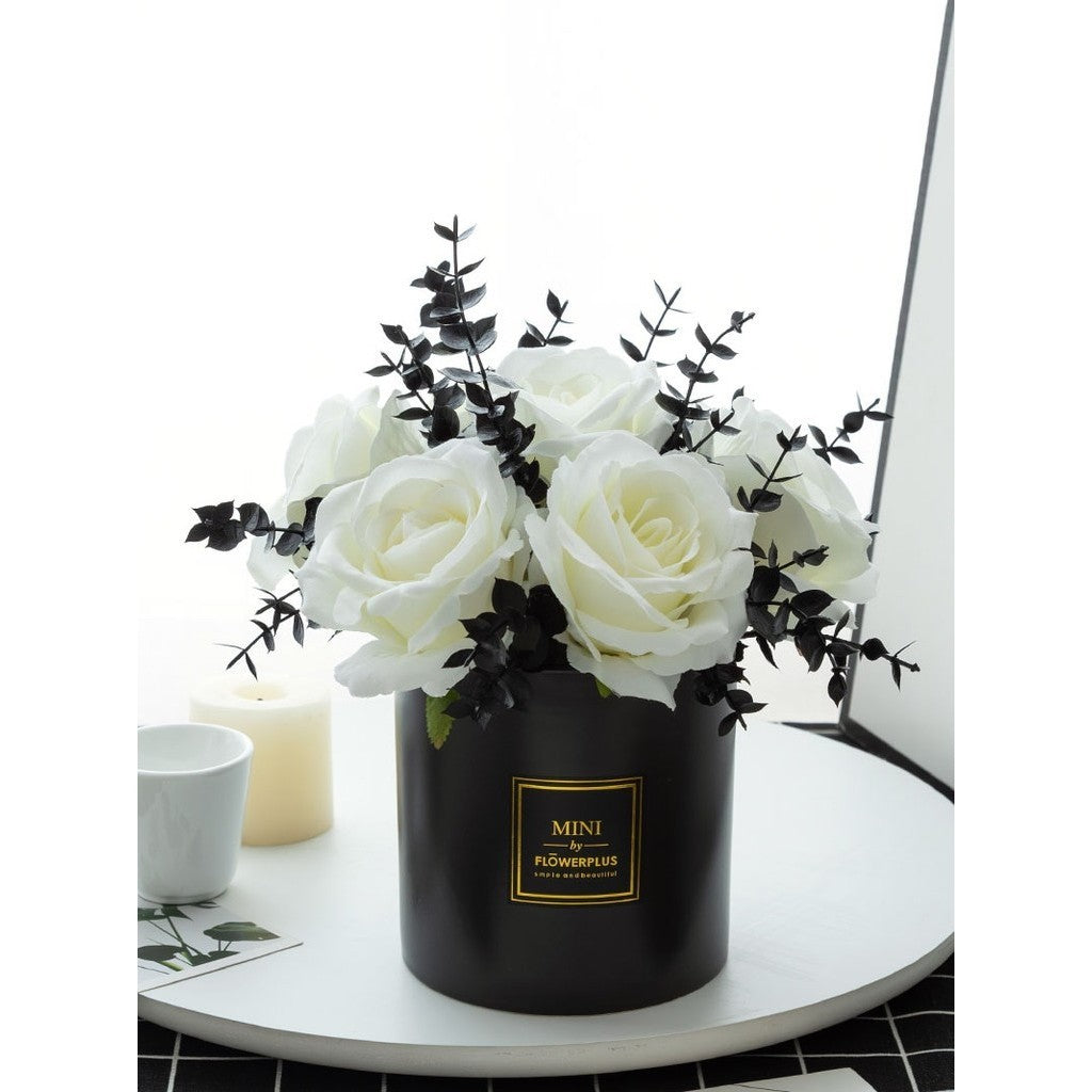 Artificial White Flowers with Black Vases, Roses in Vases Plastic Artificial Flowers and Plants,Used for Hogar Office Wedding Decoración, Table Decoración
