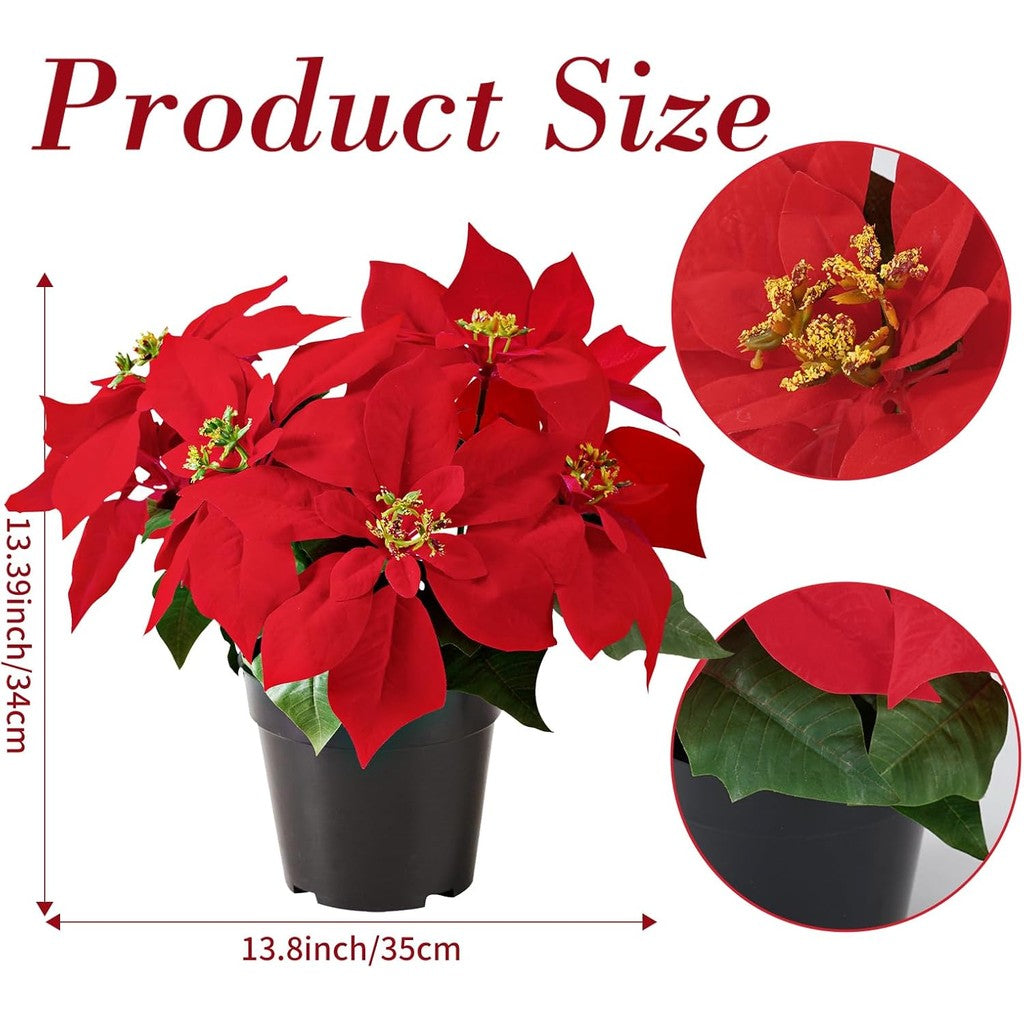 Poinsettia Planta Artificial 13.4 Inch Red Velvet Poinsettias Artificial Christmas Flowers in Pot for Indoor Outdoor Xmas Ornament Porch Hogar Jardín Decorations