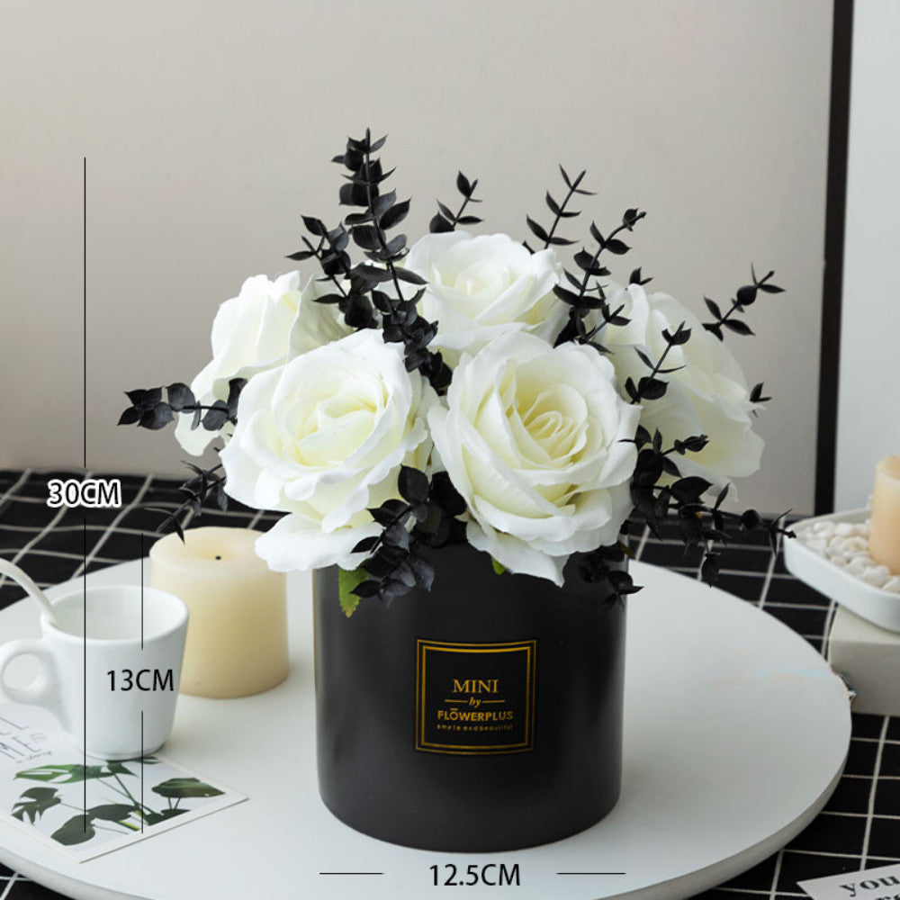 Artificial White Flowers with Black Vases, Roses in Vases Plastic Artificial Flowers and Plants,Used for Hogar Office Wedding Decoración, Table Decoración