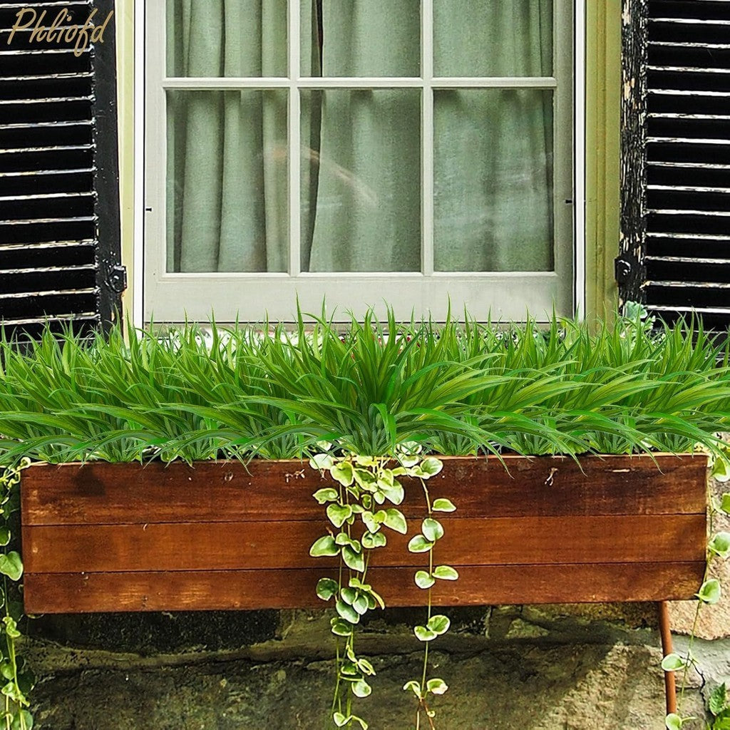 Artificial Grass Fake Plants 17.3in Outdoor Fake Grass UV Resistant Greenery Plastic Plants for Hogar Window Jardín Office Patio Colgante Planter Pathway Front Porch Décor