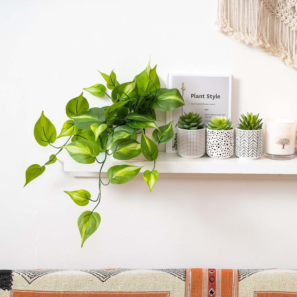 Farmhouse Fake pothos Planta | Fake Planta for Shelf Decoración |18" Artificial Trailing Ivy Planta with Pot | Verde Faux Ivy Planta | Feaux Ivy Pothos Planta