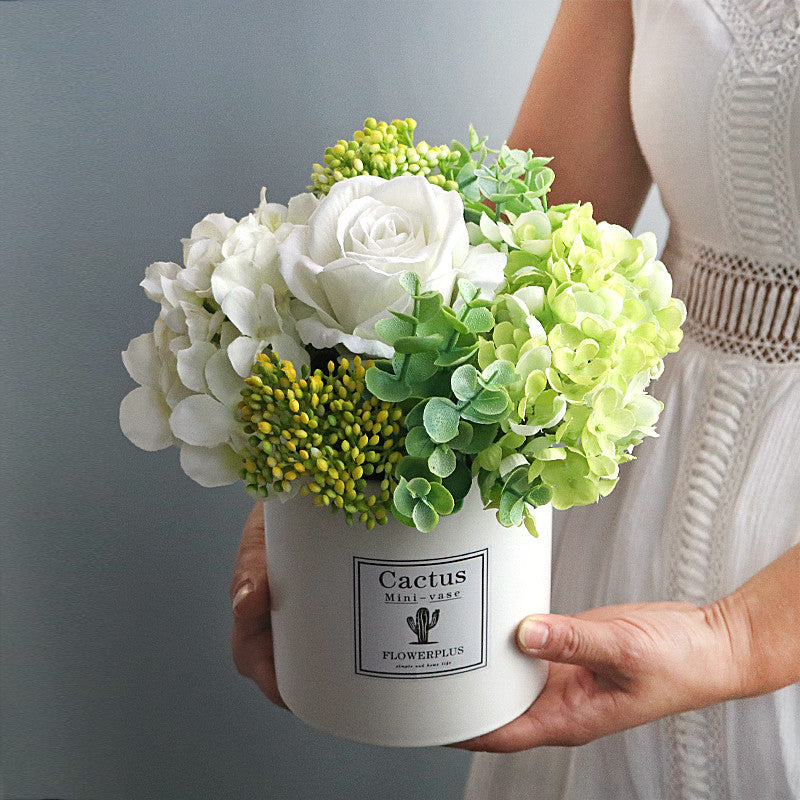 Artificial White Hydrangea Rose, Fake Flower Bouquet Arrangement in Square White Plastic Vase Planter Pot