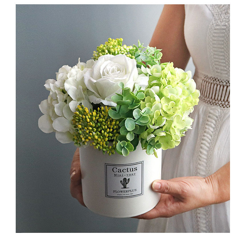Artificial White Hydrangea Rose, Fake Flower Bouquet Arrangement in Square White Plastic Vase Planter Pot