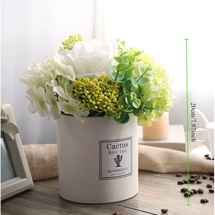 Artificial White Hydrangea Rose, Fake Flower Bouquet Arrangement in Square White Plastic Vase Planter Pot