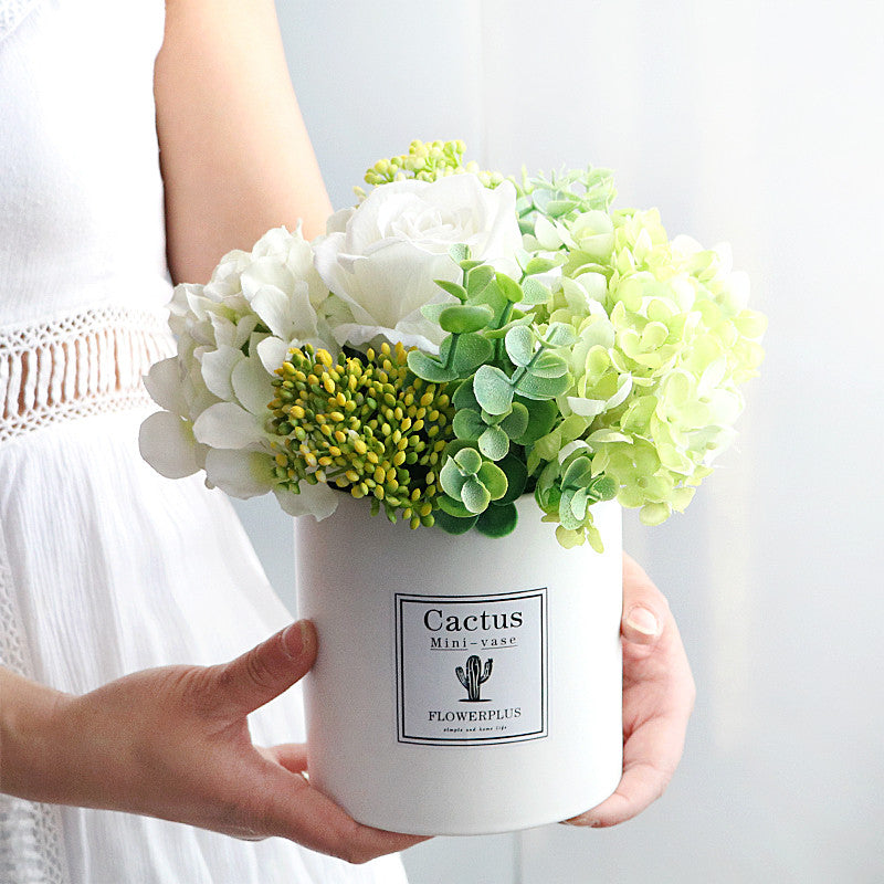 Artificial White Hydrangea Rose, Fake Flower Bouquet Arrangement in Square White Plastic Vase Planter Pot