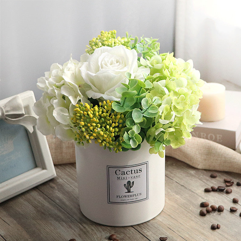 Artificial White Hydrangea Rose, Fake Flower Bouquet Arrangement in Square White Plastic Vase Planter Pot