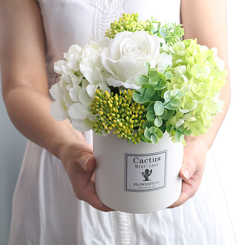 Artificial White Hydrangea Rose, Fake Flower Bouquet Arrangement in Square White Plastic Vase Planter Pot