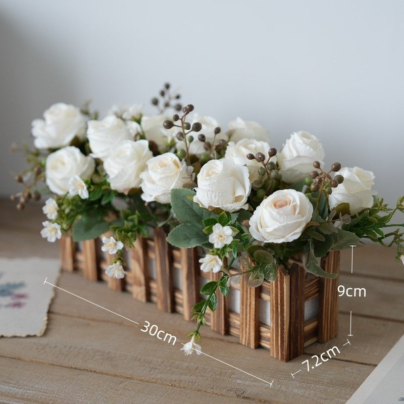 Artificial Rose Flower Plants for Desk Decorations, Fake Rose Potted, Faux Planta in Picket Fence Pot for Indoor Hogar Office Window Decoración