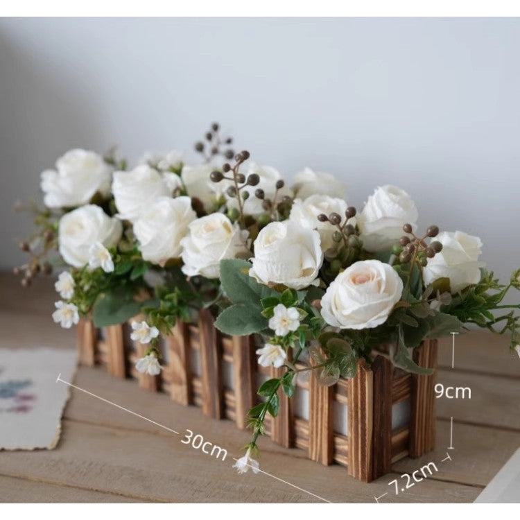 Artificial Rose Flower Plants for Desk Decorations, Fake Rose Potted, Faux Planta in Picket Fence Pot for Indoor Hogar Office Window Decoración