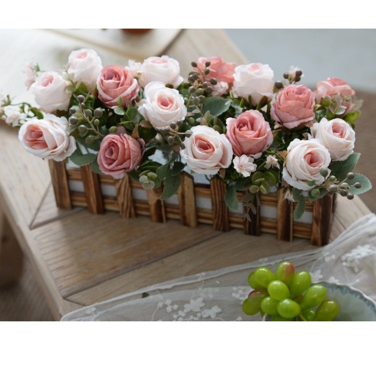 Artificial Rose Flower Plants for Desk Decorations, Fake Rose Potted, Faux Planta in Picket Fence Pot for Indoor Hogar Office Window Decoración