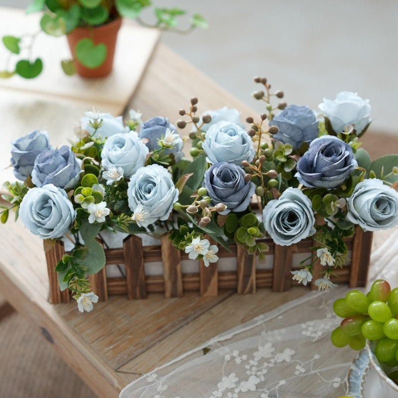 Artificial Rose Flower Plants for Desk Decorations, Fake Rose Potted, Faux Planta in Picket Fence Pot for Indoor Hogar Office Window Decoración