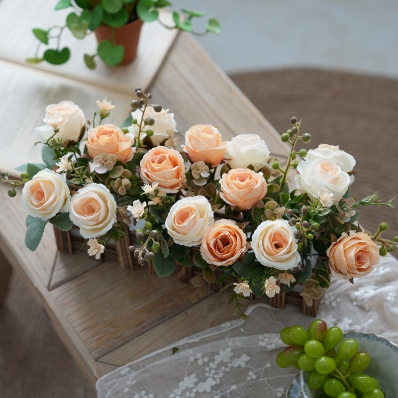 Artificial Rose Flower Plants for Desk Decorations, Fake Rose Potted, Faux Planta in Picket Fence Pot for Indoor Hogar Office Window Decoración