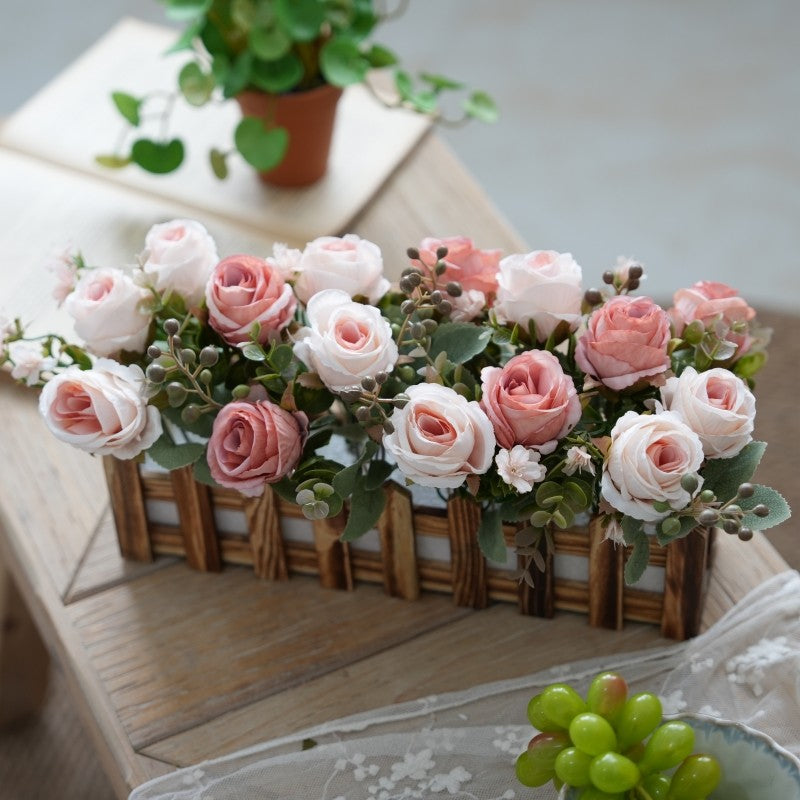 Artificial Rose Flower Plants for Desk Decorations, Fake Rose Potted, Faux Planta in Picket Fence Pot for Indoor Hogar Office Window Decoración