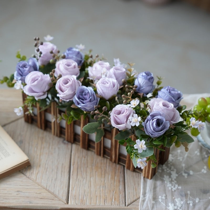 Artificial Rose Flower Plants for Desk Decorations, Fake Rose Potted, Faux Planta in Picket Fence Pot for Indoor Hogar Office Window Decoración