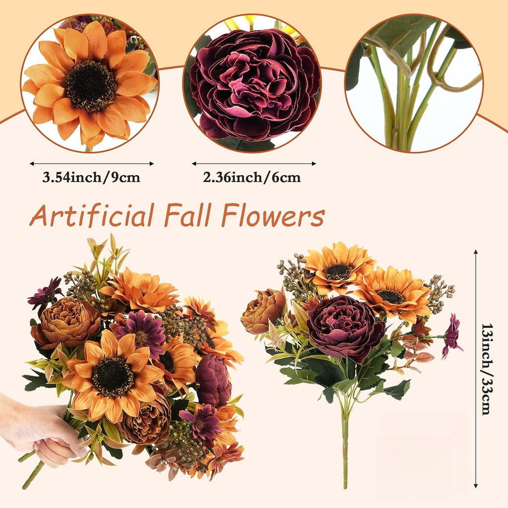 Fall Flowers Bouquet Vintage Artificial Flowers Fake Sunflowers with Silk Peonies Orange Autumn Flowers for Hogar Table Centerpieces Wedding Festival Party Decoración