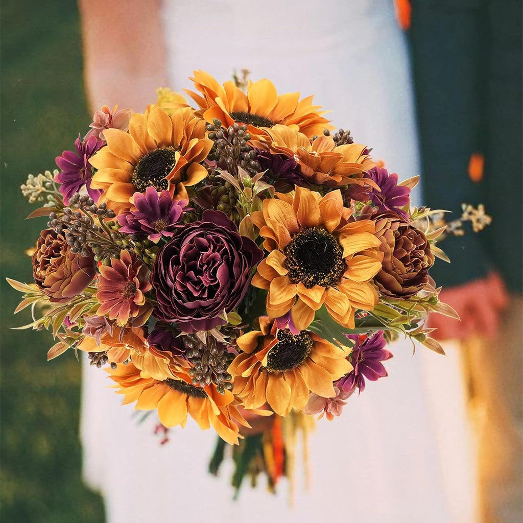 Fall Flowers Bouquet Vintage Artificial Flowers Fake Sunflowers with Silk Peonies Orange Autumn Flowers for Hogar Table Centerpieces Wedding Festival Party Decoración