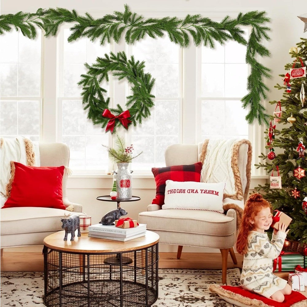 Christmas Pine Garland Artificial Cedar Greenery Vines Decoración Faux Colgante Winter Cypress Fork Ivy Rattan Xmas Pine Needles Wreath for Holiday Party Hogar Jardín Mantel Table