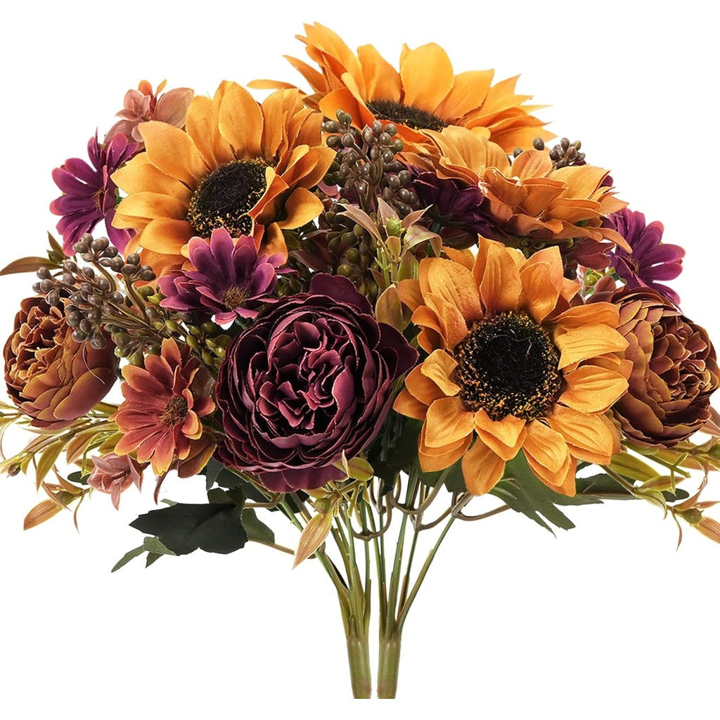 Fall Flowers Bouquet Vintage Artificial Flowers Fake Sunflowers with Silk Peonies Orange Autumn Flowers for Hogar Table Centerpieces Wedding Festival Party Decoración