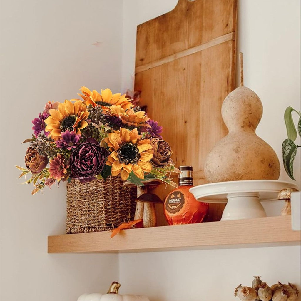 Fall Flowers Bouquet Vintage Artificial Flowers Fake Sunflowers with Silk Peonies Orange Autumn Flowers for Hogar Table Centerpieces Wedding Festival Party Decoración