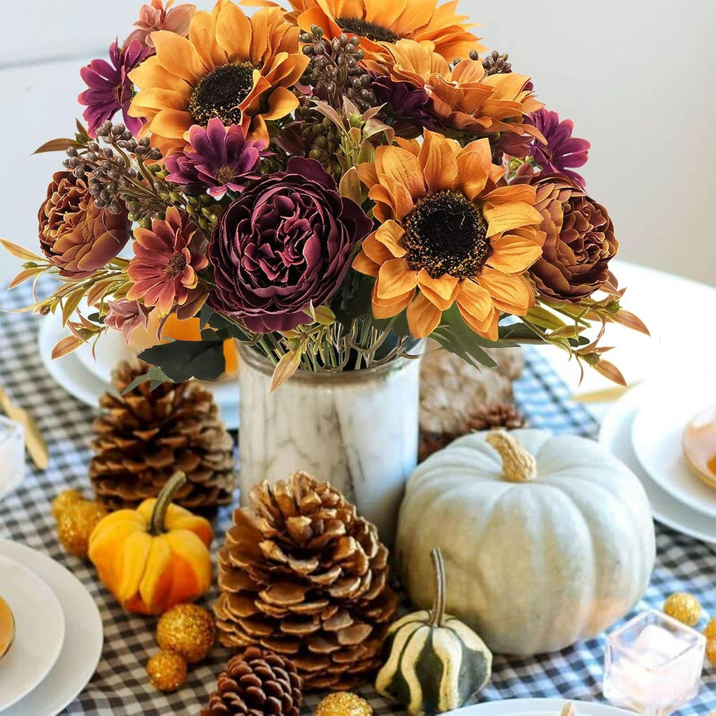Fall Flowers Bouquet Vintage Artificial Flowers Fake Sunflowers with Silk Peonies Orange Autumn Flowers for Hogar Table Centerpieces Wedding Festival Party Decoración
